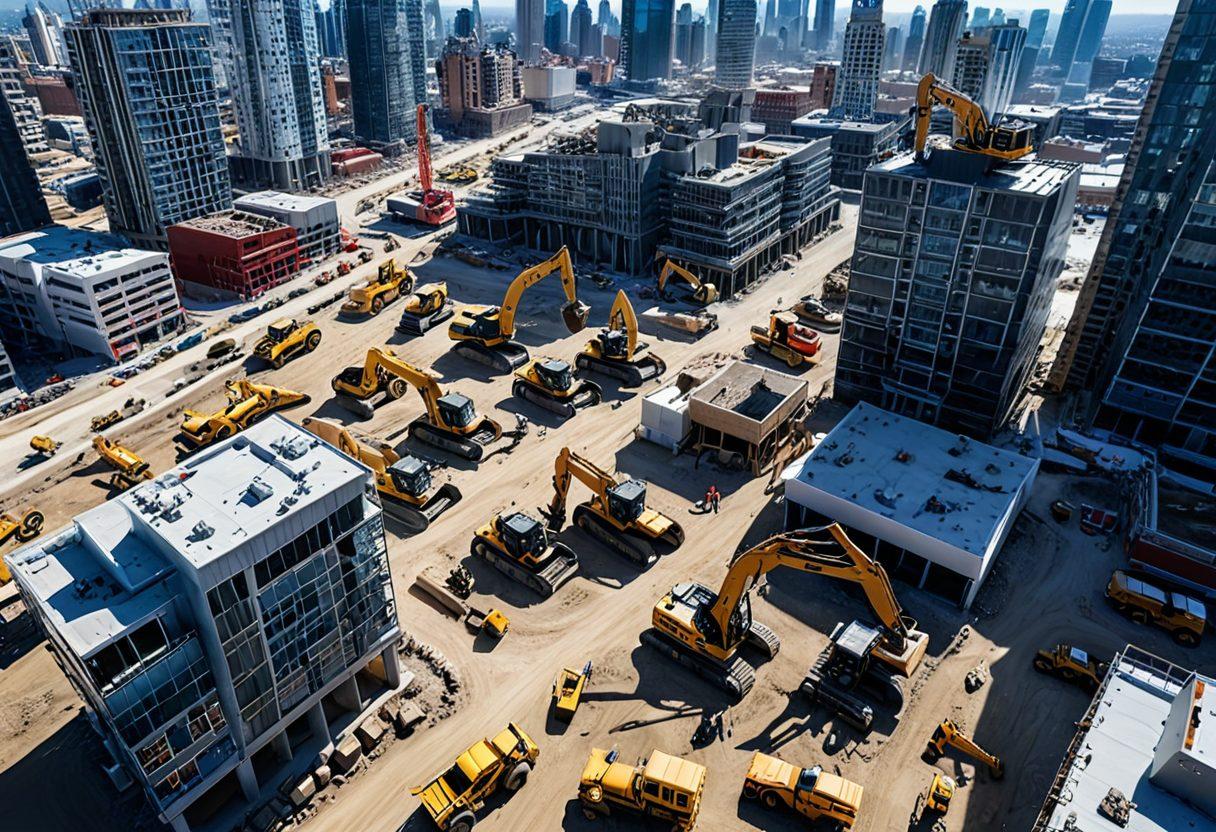 An aerial view of a bustling construction site showcasing various essential machinery like excavators, cranes, and bulldozers operating seamlessly together. The background features a vibrant skyline with tall buildings under construction, emanating a sense of progress and innovation. Workers in safety gear are collaborating on-site, emphasizing teamwork. Bright, clear skies and a dynamic atmosphere add energy to the scene. super-realistic. vibrant colors. 3D.
