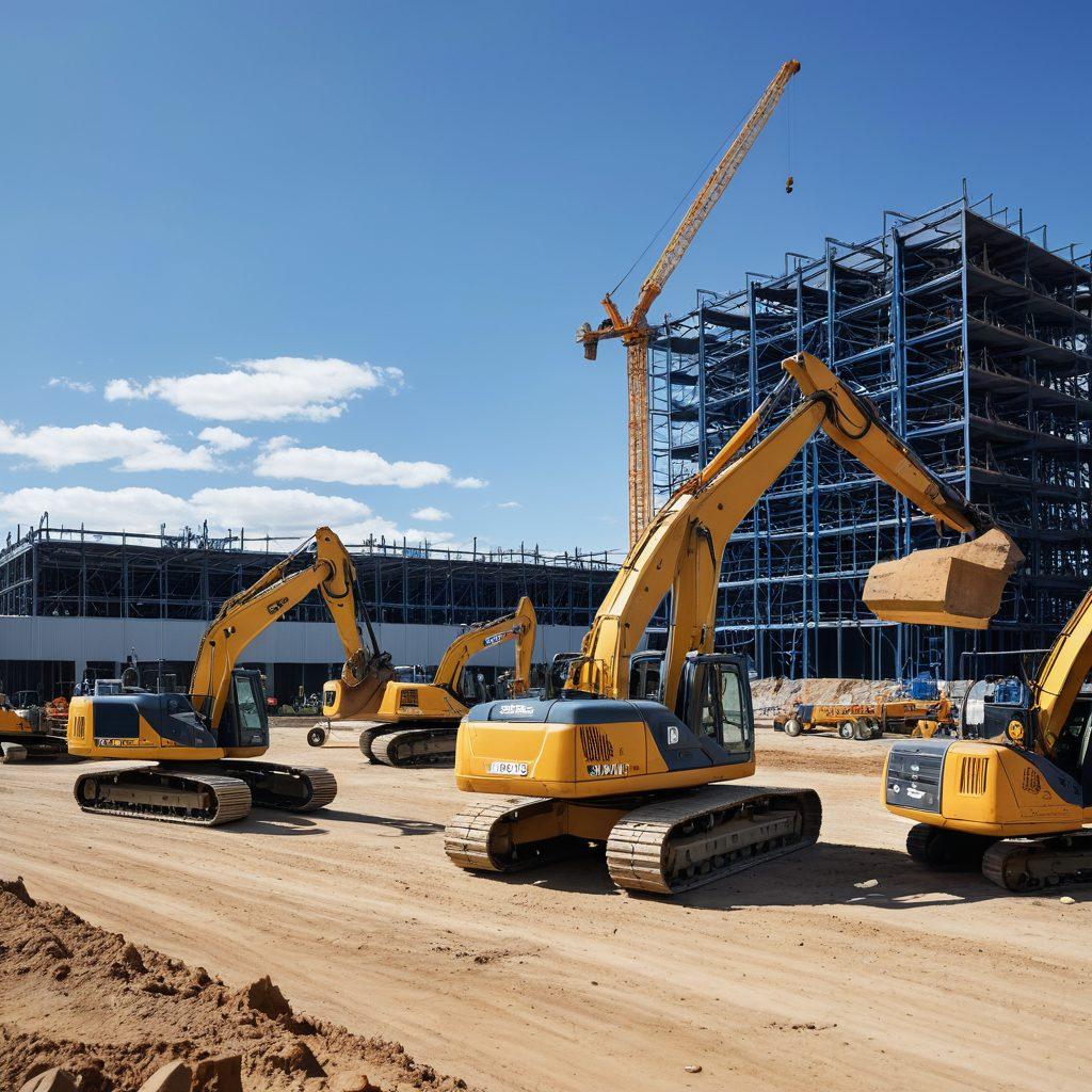 A dynamic construction site scene showcasing various tools and machinery in action, with a diverse group of professionals collaborating effectively. Include elements like cranes, excavators, power tools, and safety gear to emphasize efficiency. The background should feature a partially constructed building under a clear blue sky, highlighting productivity and teamwork. vibrant colors. super-realistic.