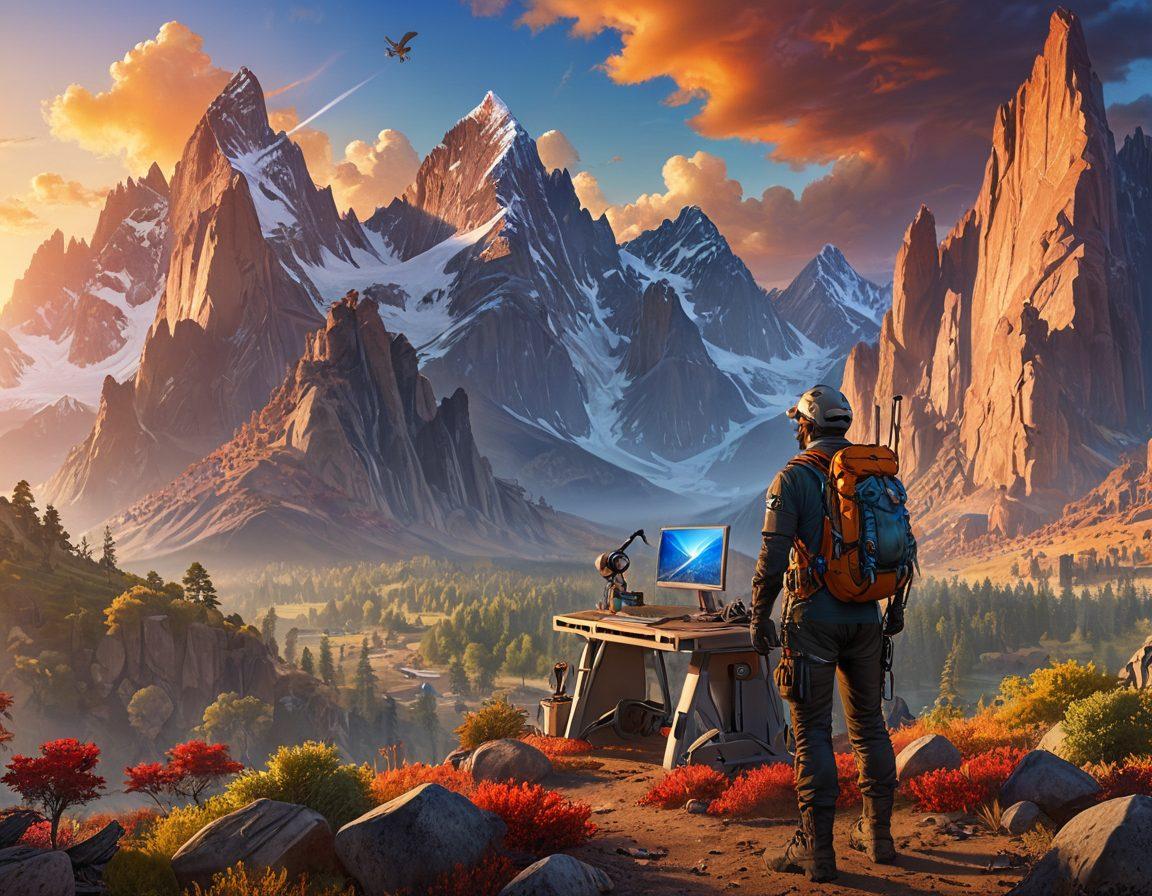 A modern explorer in a tech-savvy landscape filled with diverse equipment, showcasing various tools and machines in action. The scene features a balance of nature and technology, with towering mountains in the background and a sun rising over a high-tech camp. Include a clear path that symbolizes navigation and decision-making. Add vibrant colors to make the scene lively and engaging. super-realistic. vibrant colors. 3D.